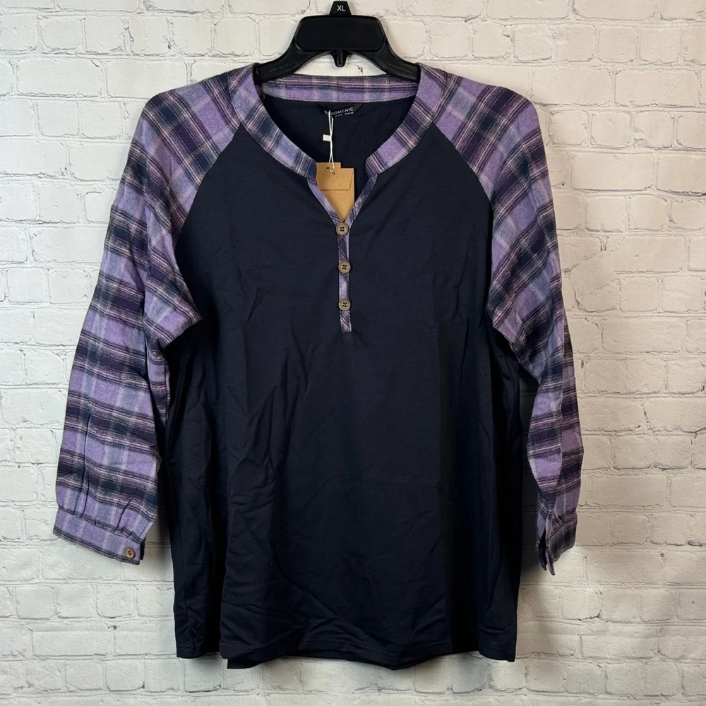BloomChic Navy and Purple Plaid Long Sleeve Henley Top Plus Size 1X - Picture 2 of 7